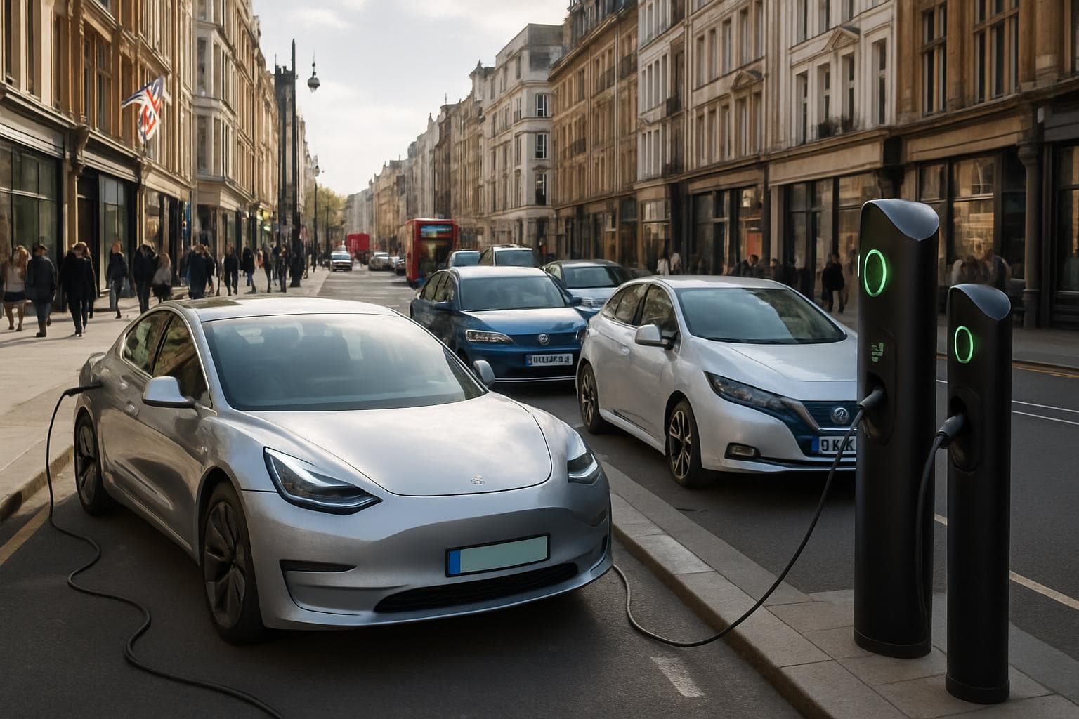 Electric cars charging at modern stations on a UK city street
