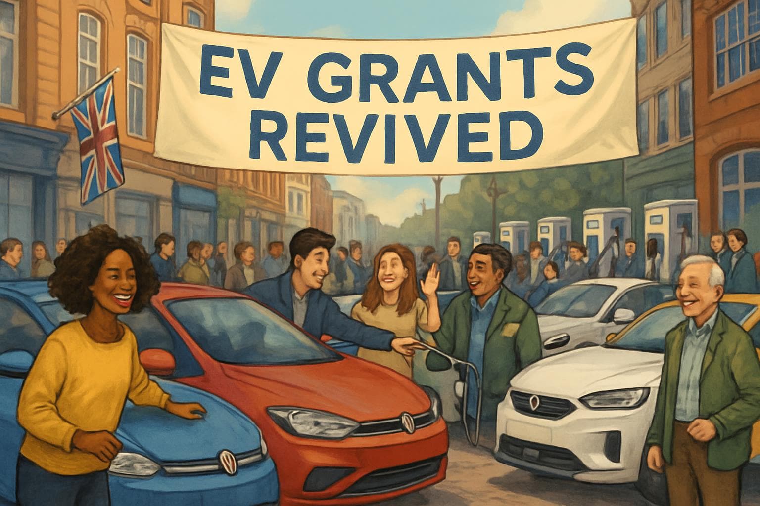 Busy UK city street with electric cars and EV grants banner