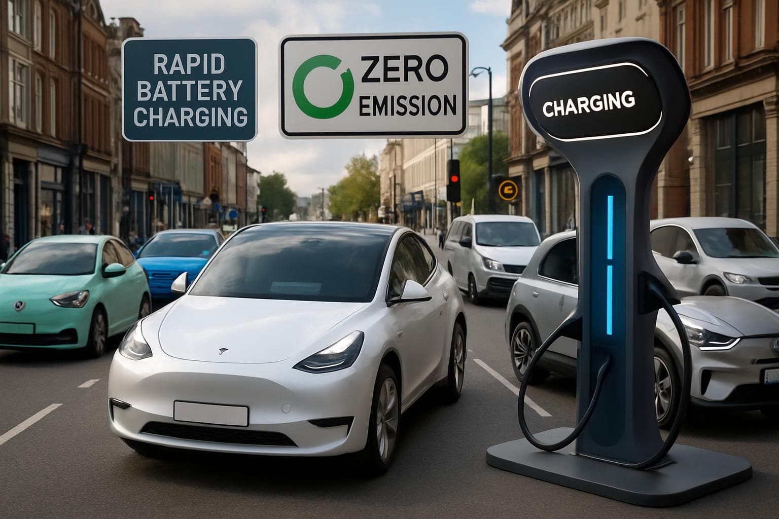 UK city street with electric vehicles and Tesla Model Y