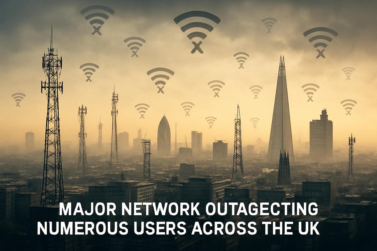 City skyline with communication towers and fading signals