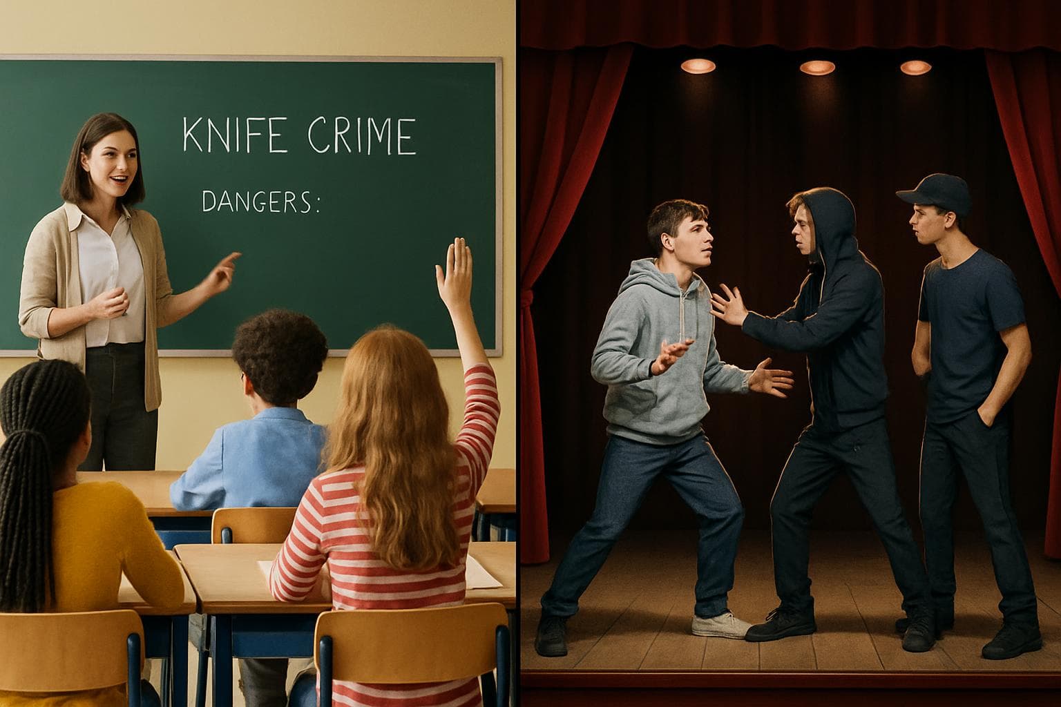 Teacher educating students on knife crime in a UK classroom
