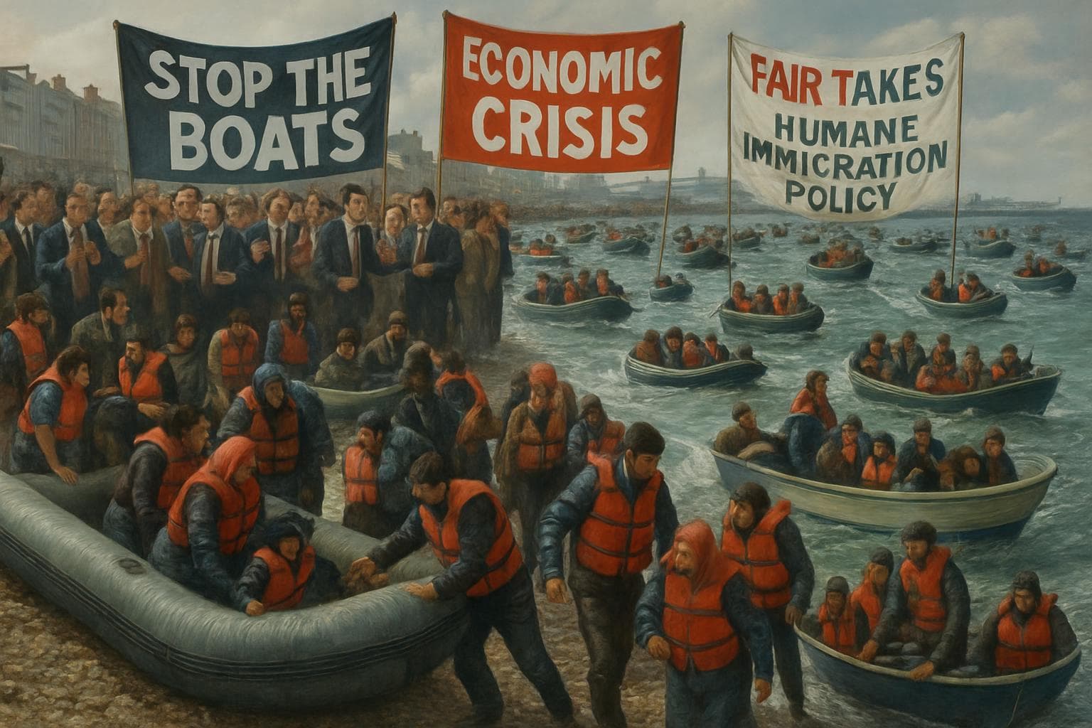 Crowded UK coastline with small boats and migrants