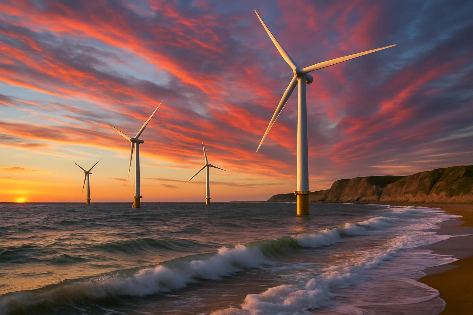 UK coastline with offshore wind turbines under vibrant sky