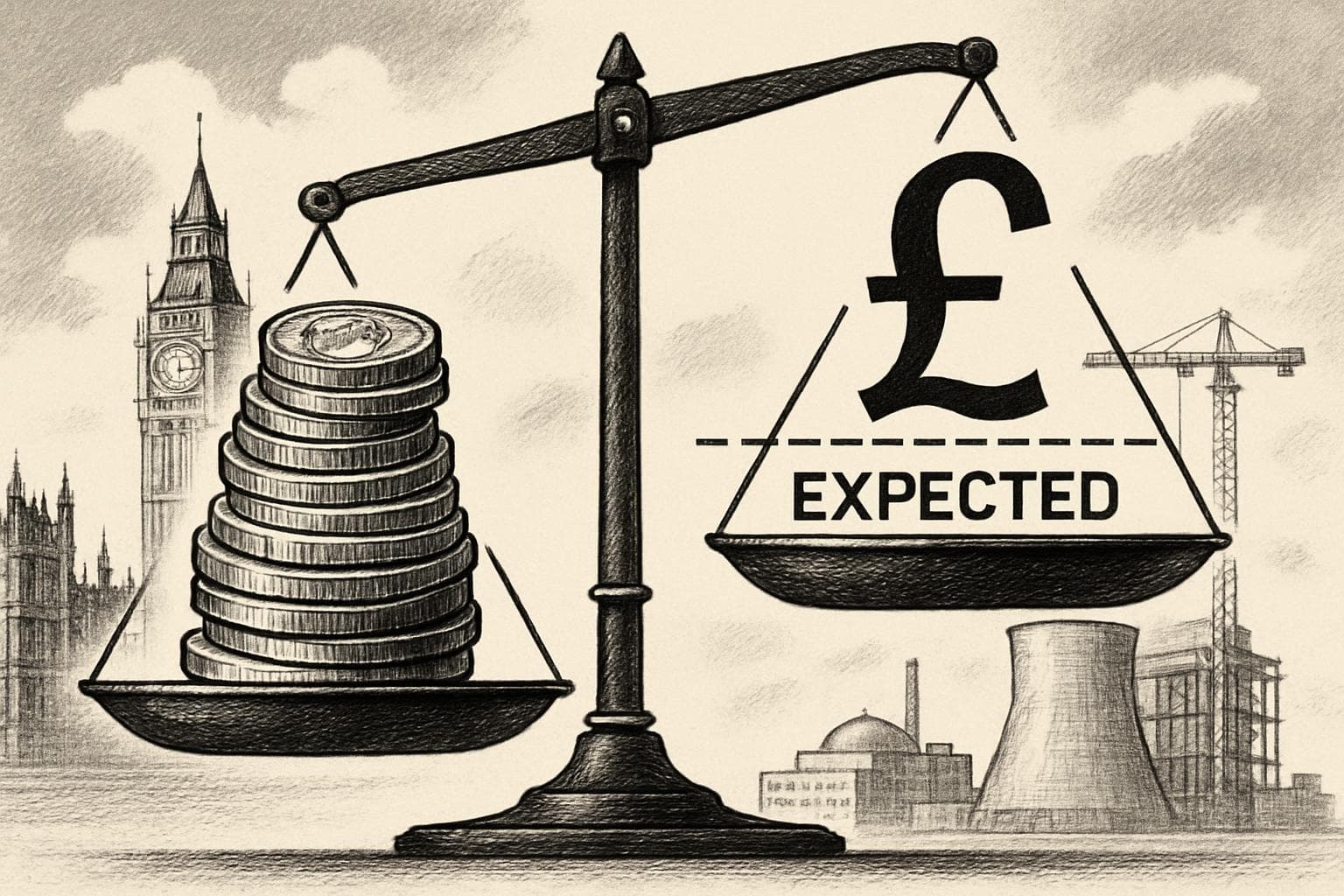 Balancing scale with UK coins and government buildings