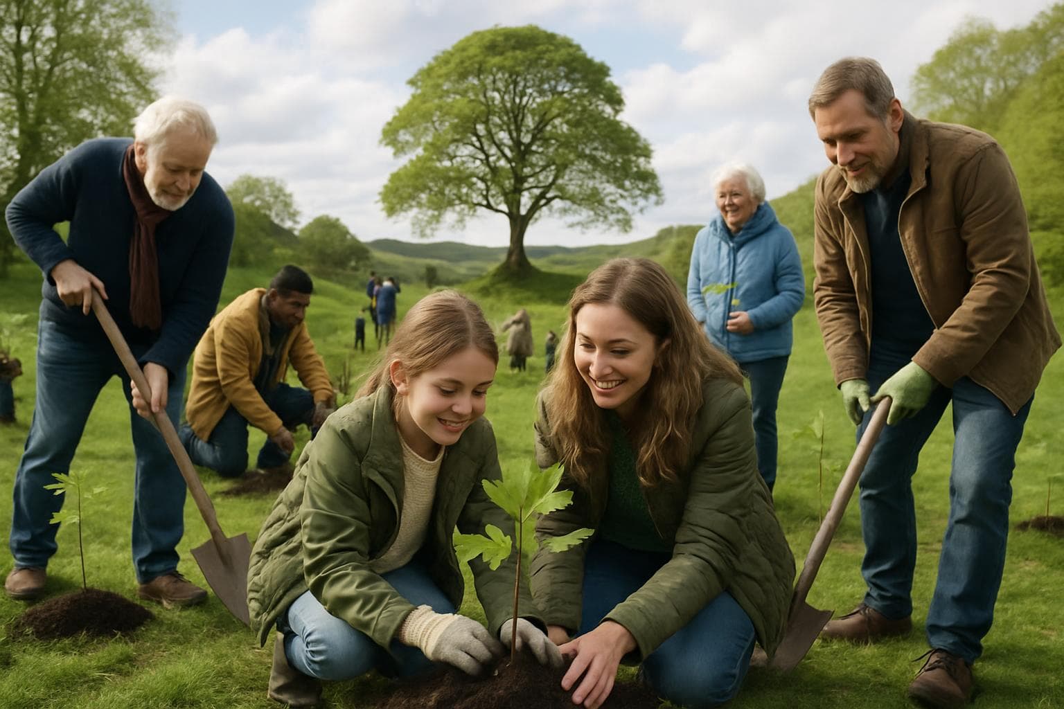 People planting young sycamore trees in the UK