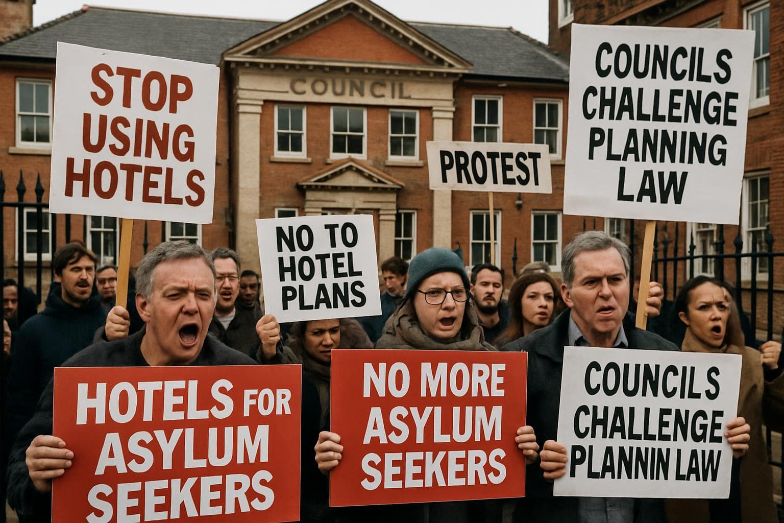 Protesters with signs outside a UK hotel