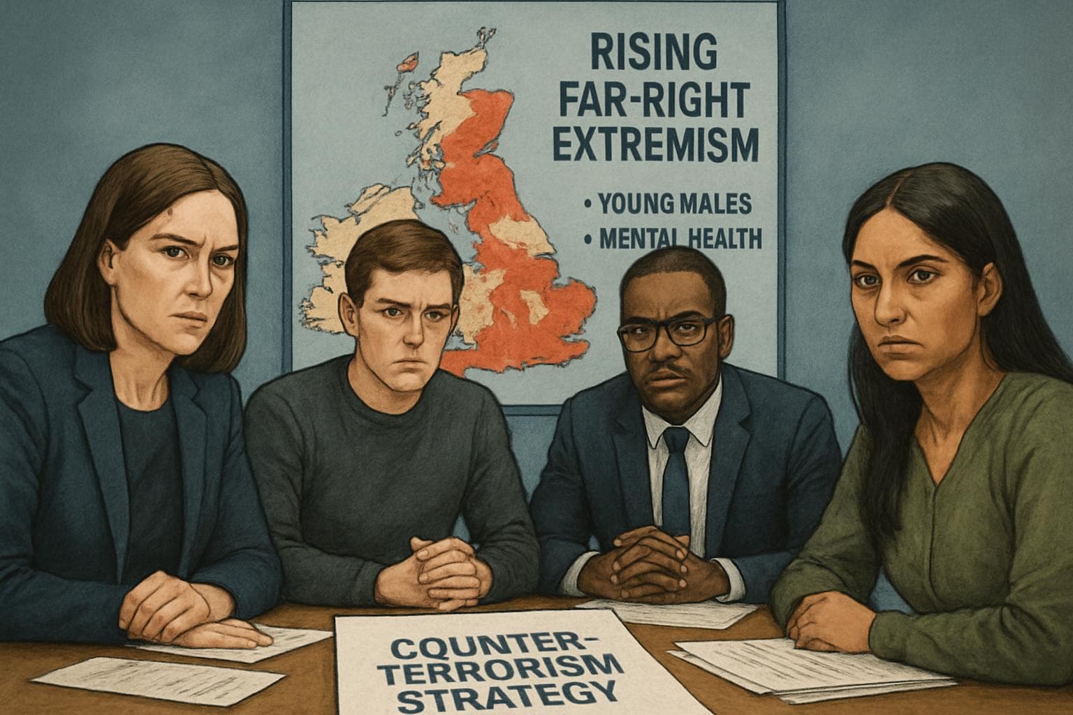 Diverse group discussing UK counter-terrorism strategy at a table