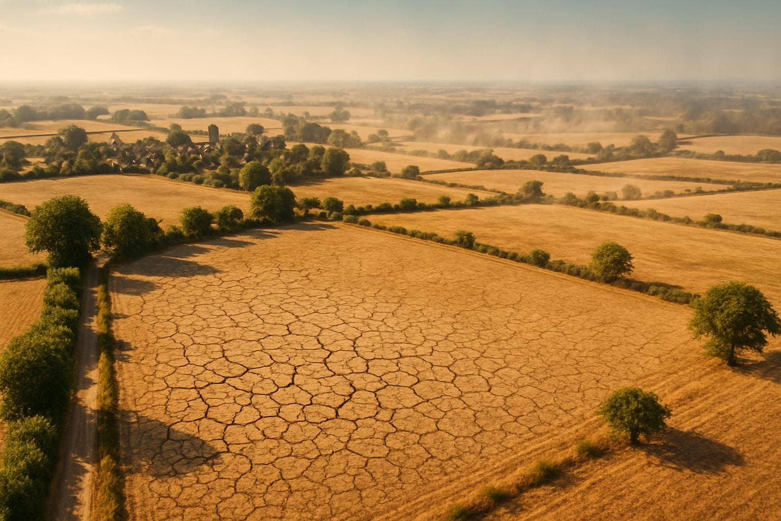 Aerial view of UK countryside with dry cracked ground