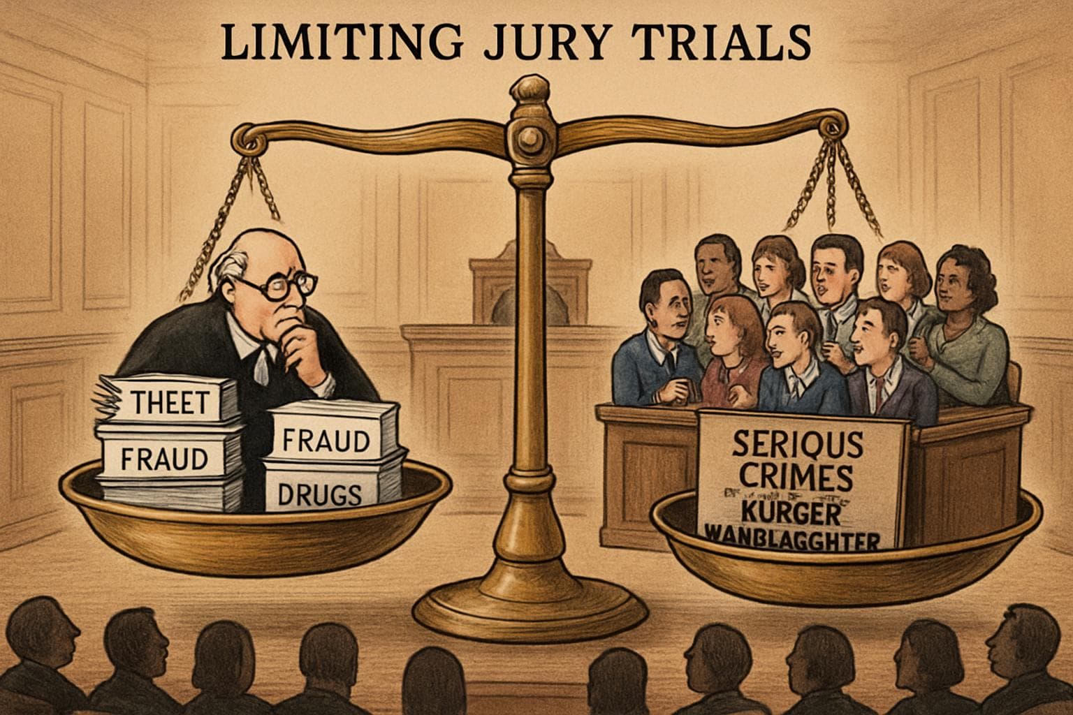 Courtroom with balance scale showing judge and jury deliberations