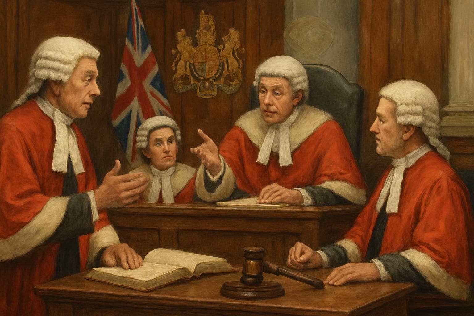 Judge and magistrates discussing in a UK courtroom