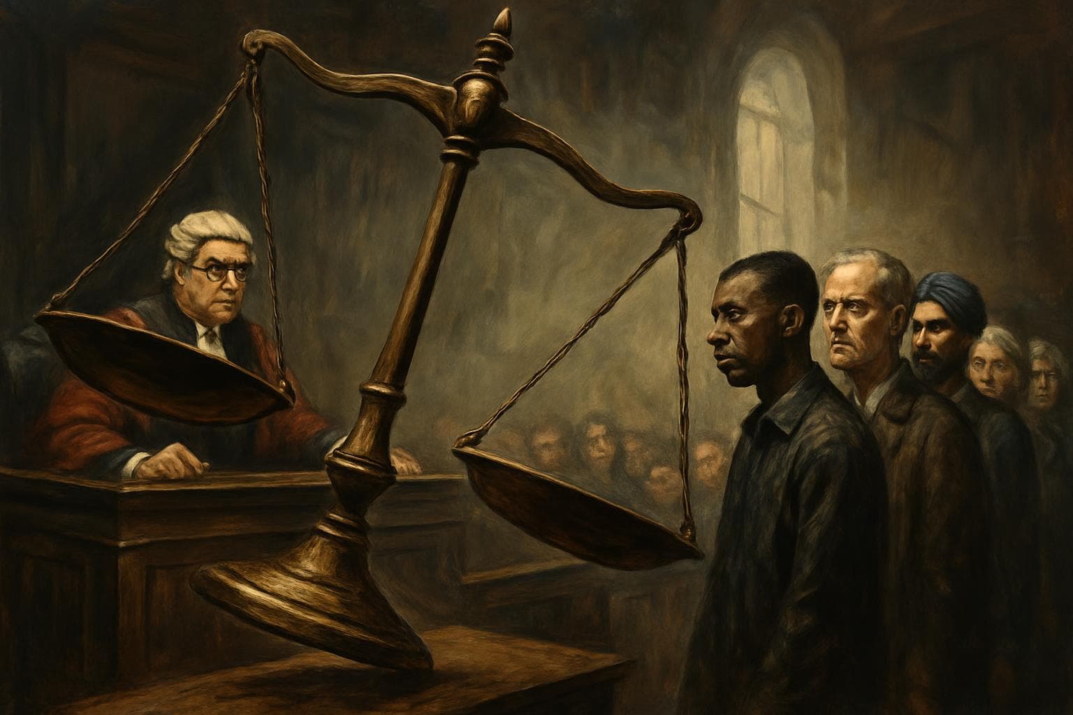 Courtroom scene with scale of justice tipping towards judge