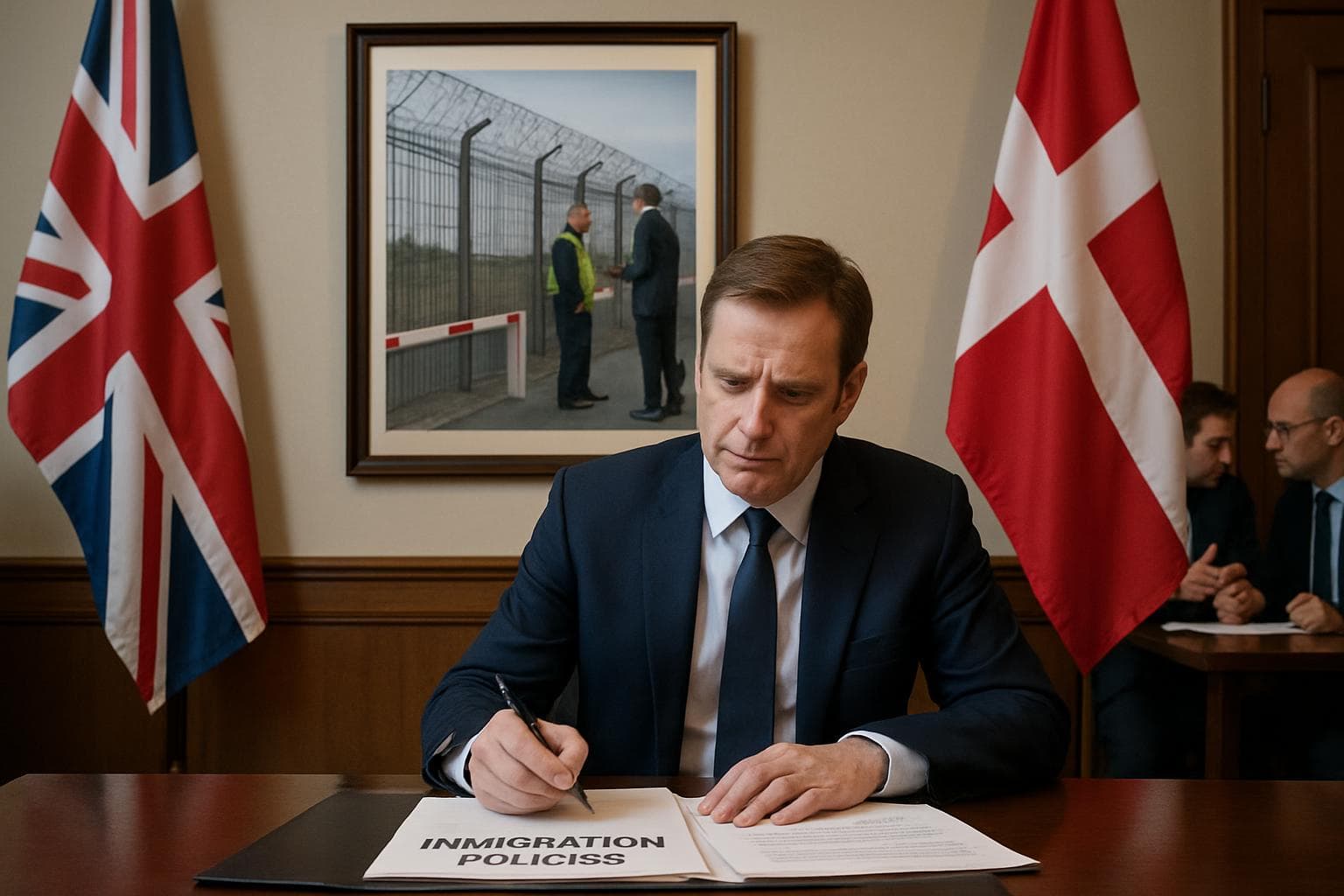 UK official reviewing Danish immigration policies with flags