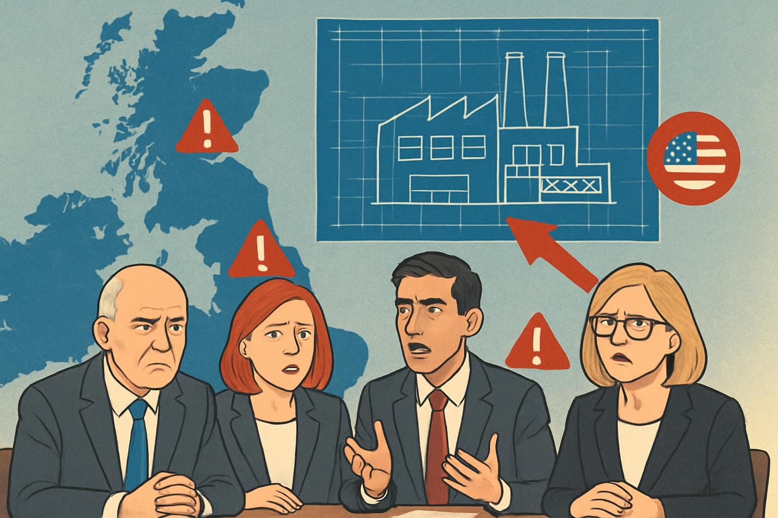 UK map with factory blueprint and red warning symbols