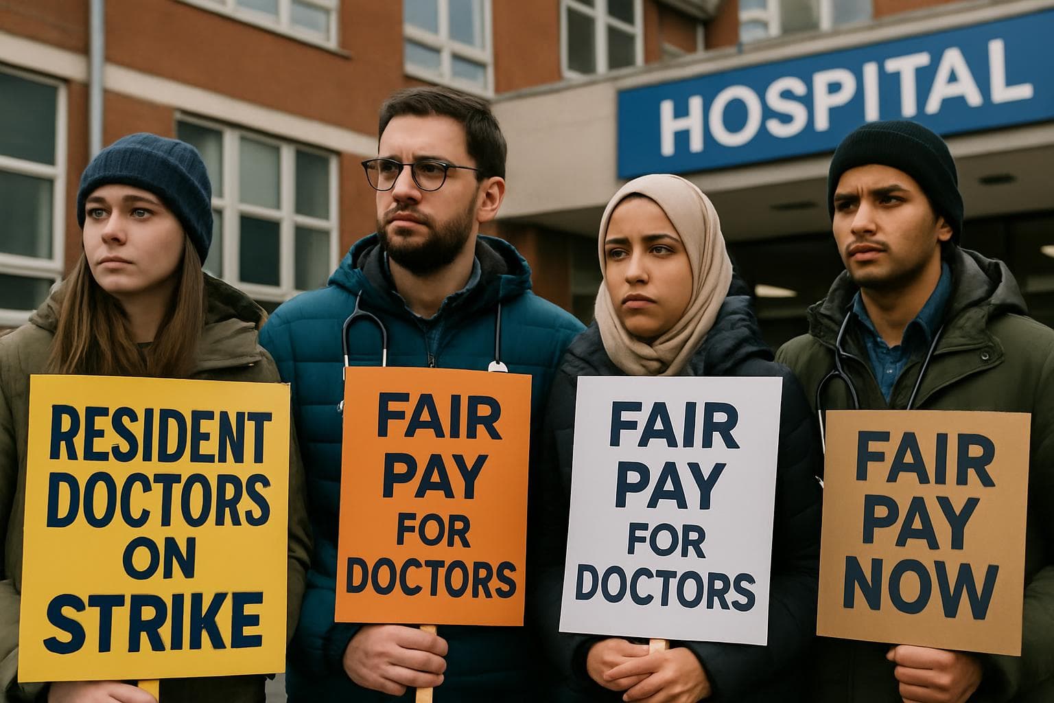 Resident doctors protesting with signs outside a hospital