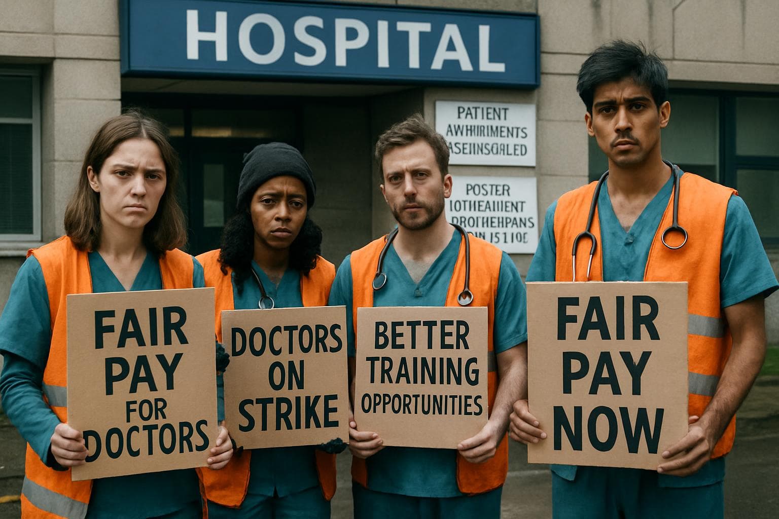 UK doctors in protest attire holding signs outside a hospital.