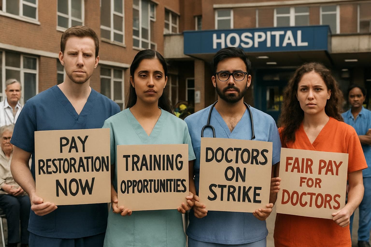 Resident doctors in England protesting outside a hospital