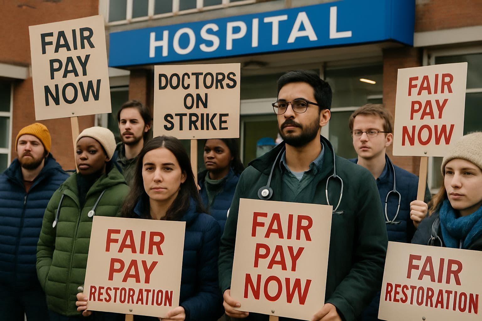 Group of UK doctors protesting for fair pay outside hospital