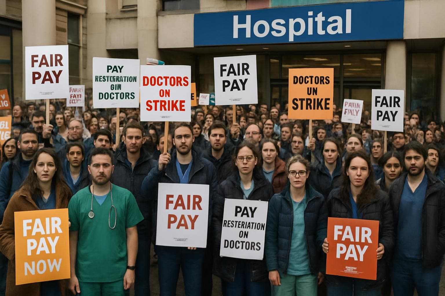 Group of UK doctors protesting outside hospital for fair pay