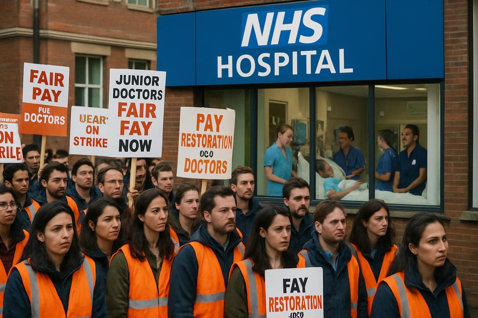 Resident doctors in England protest for fair pay outside a hospital