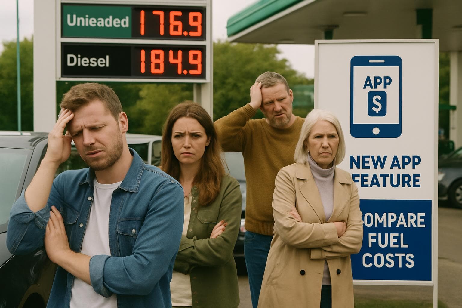 Frustrated UK drivers at petrol station with high fuel prices