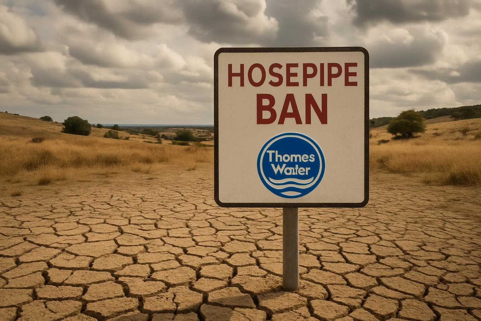 Dry landscape in the UK with a Hosepipe Ban sign and cracked earth