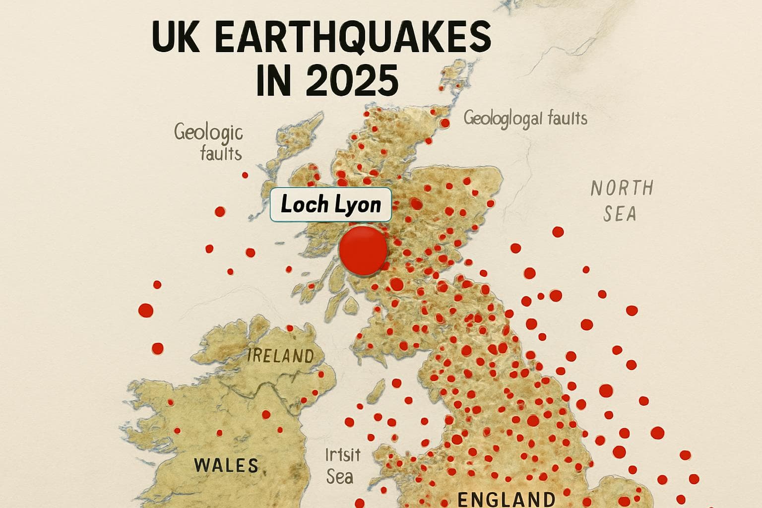 Map of UK highlighting seismic activity near Loch Lyon