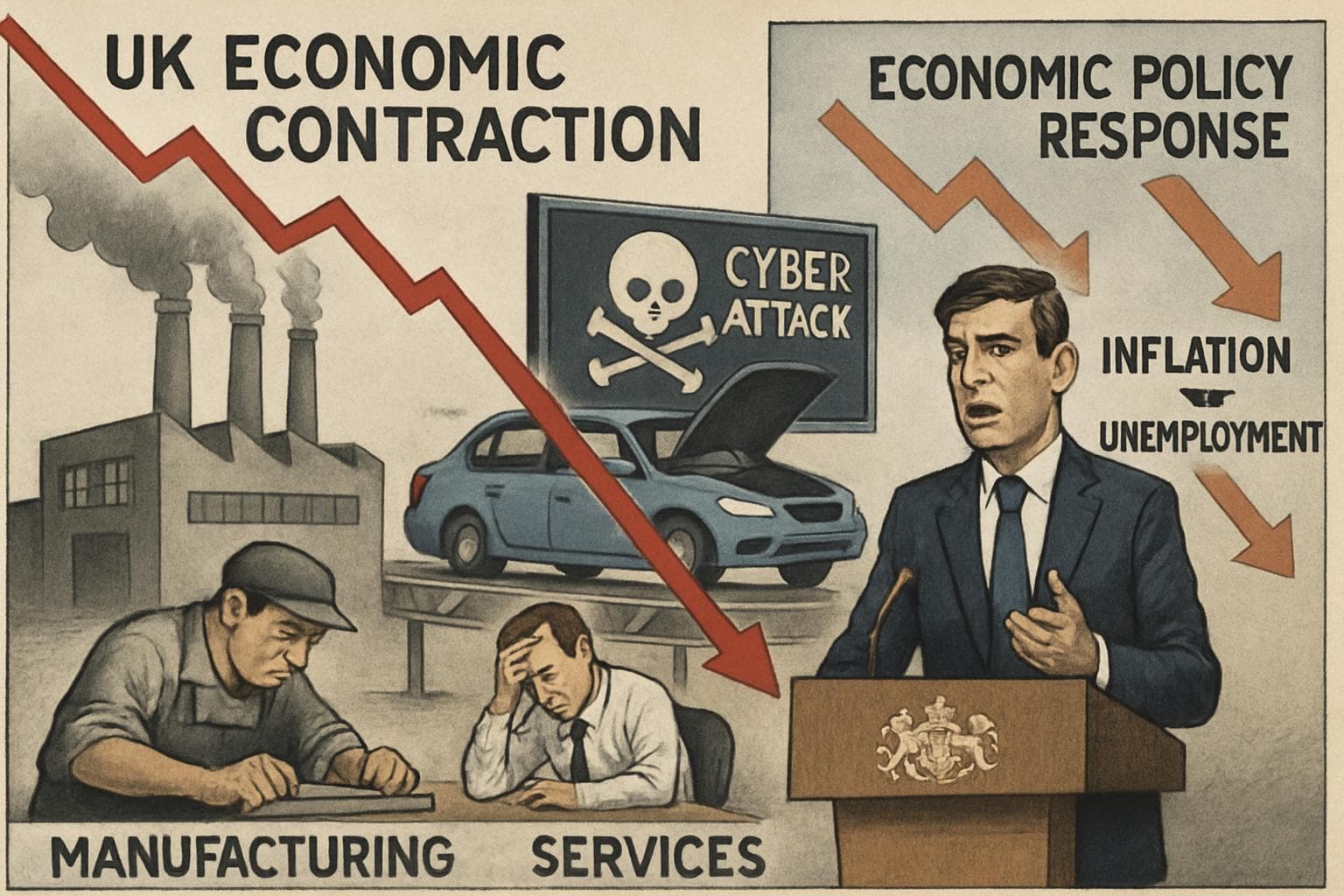 Visual of UK's economic contraction with manufacturing and cyber issues