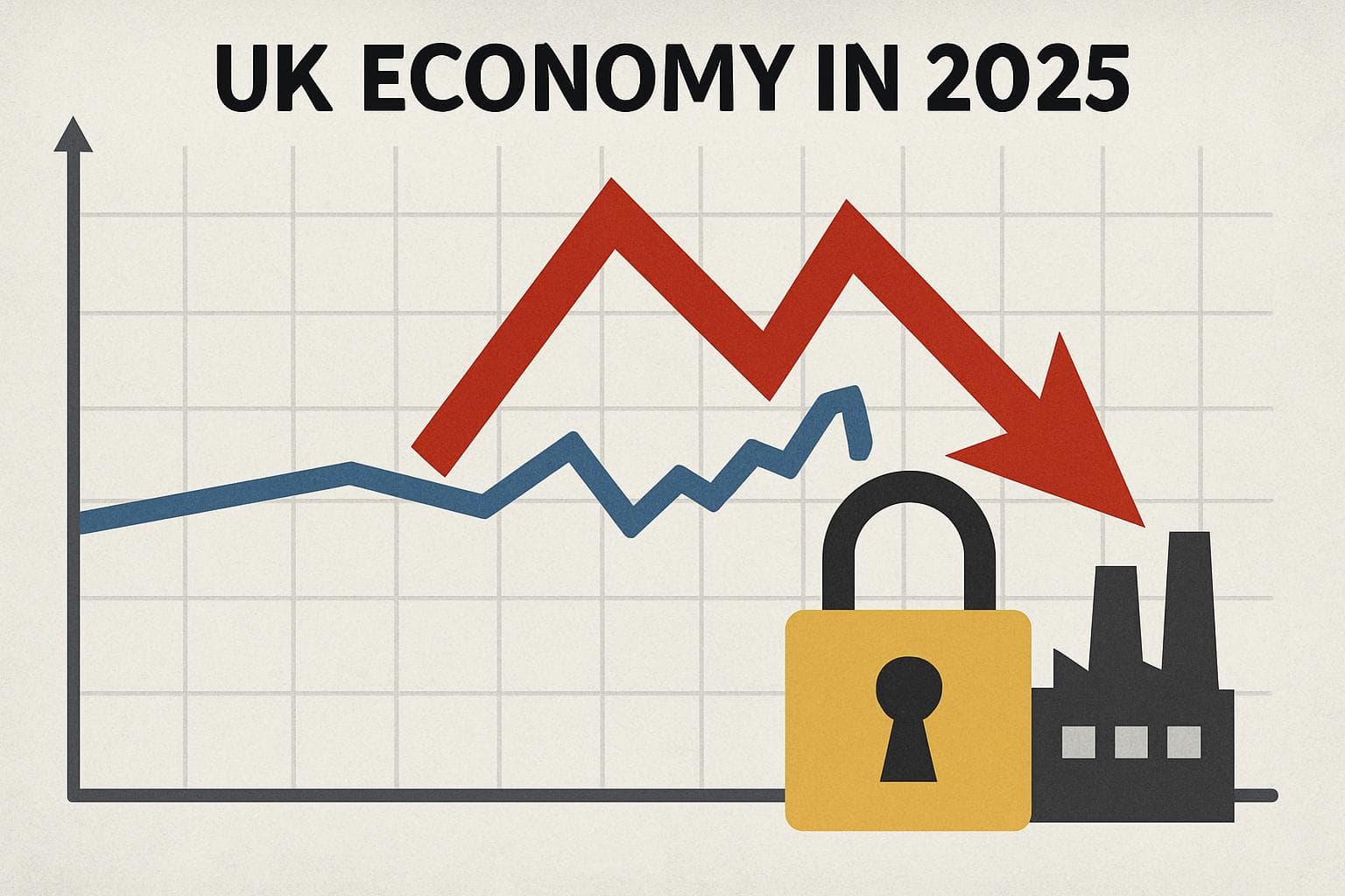 Graph showing stalled UK economy with a down arrow and factory lock