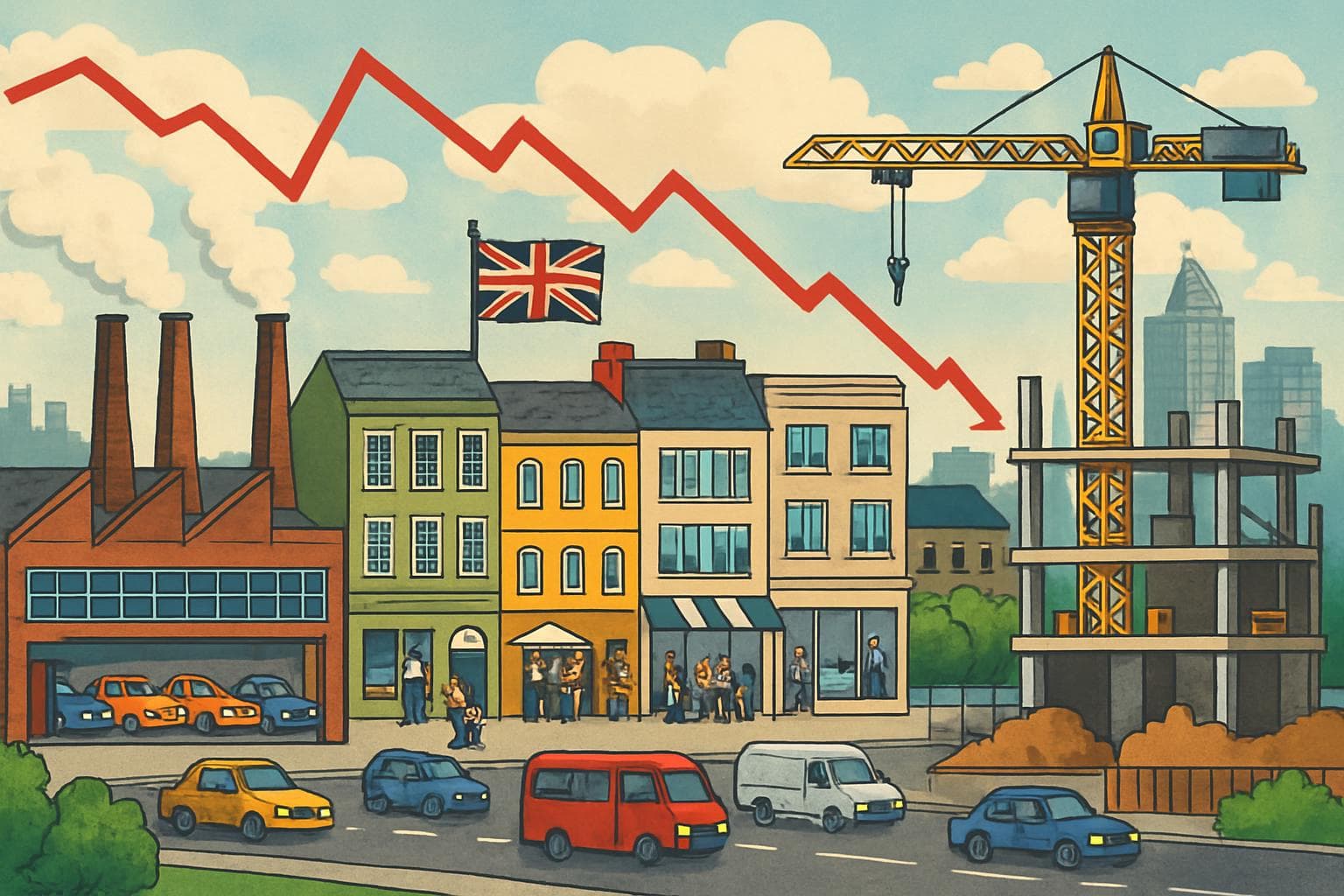UK cityscape with factories, service sector, and construction crane