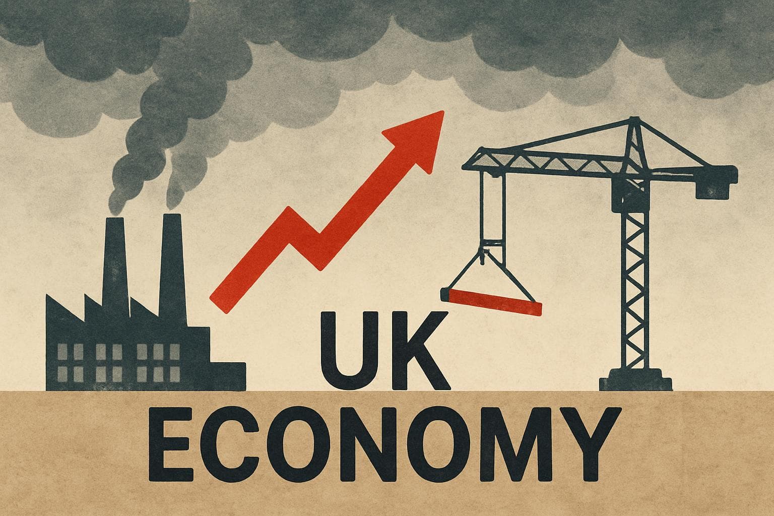 UK economy with growth arrow, factories, and crane under cloudy sky