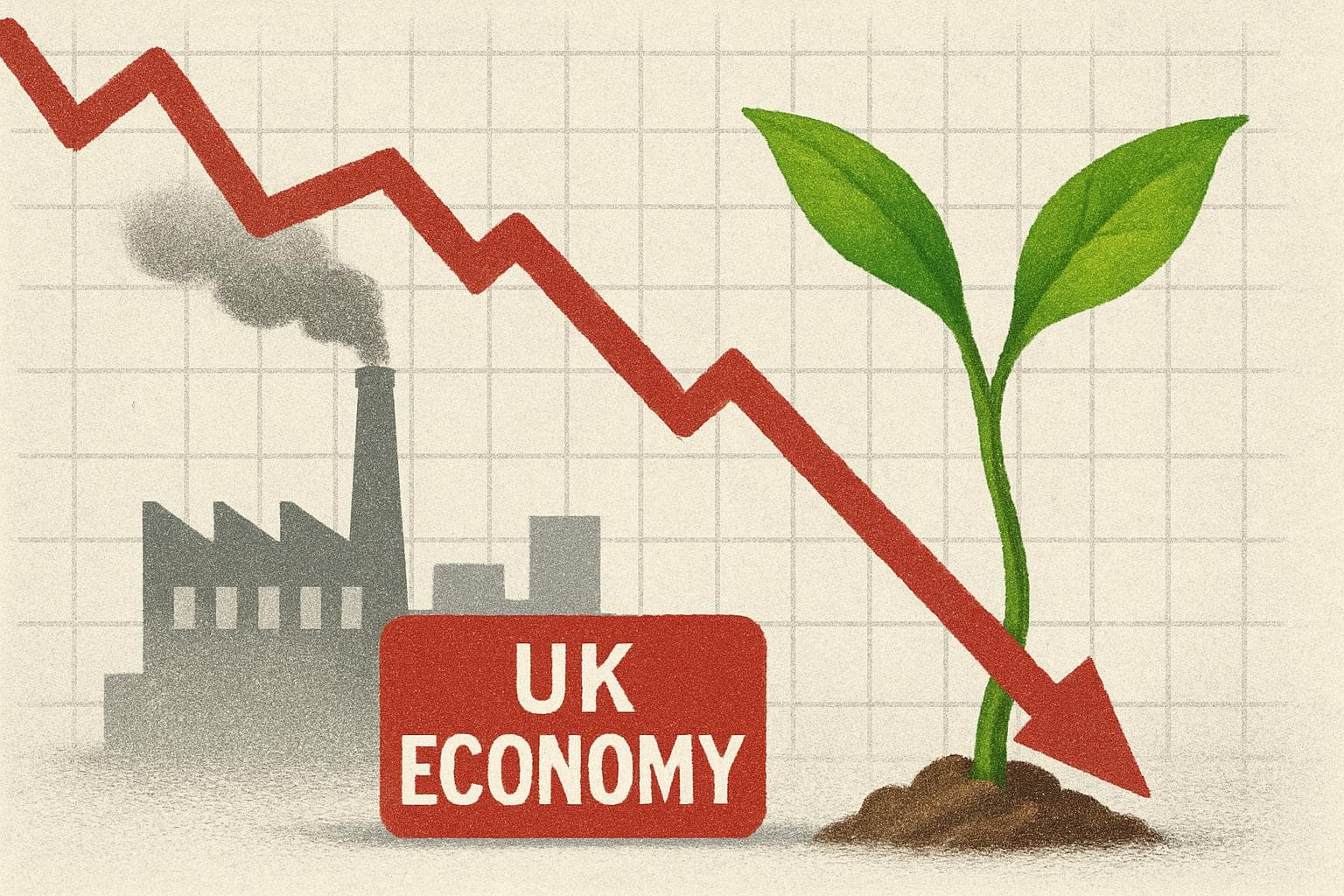 Graph showing UK economy shrinking with green shoot symbol