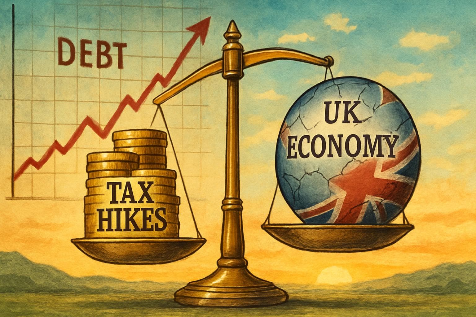 Balancing scale with coins and fragile UK economy