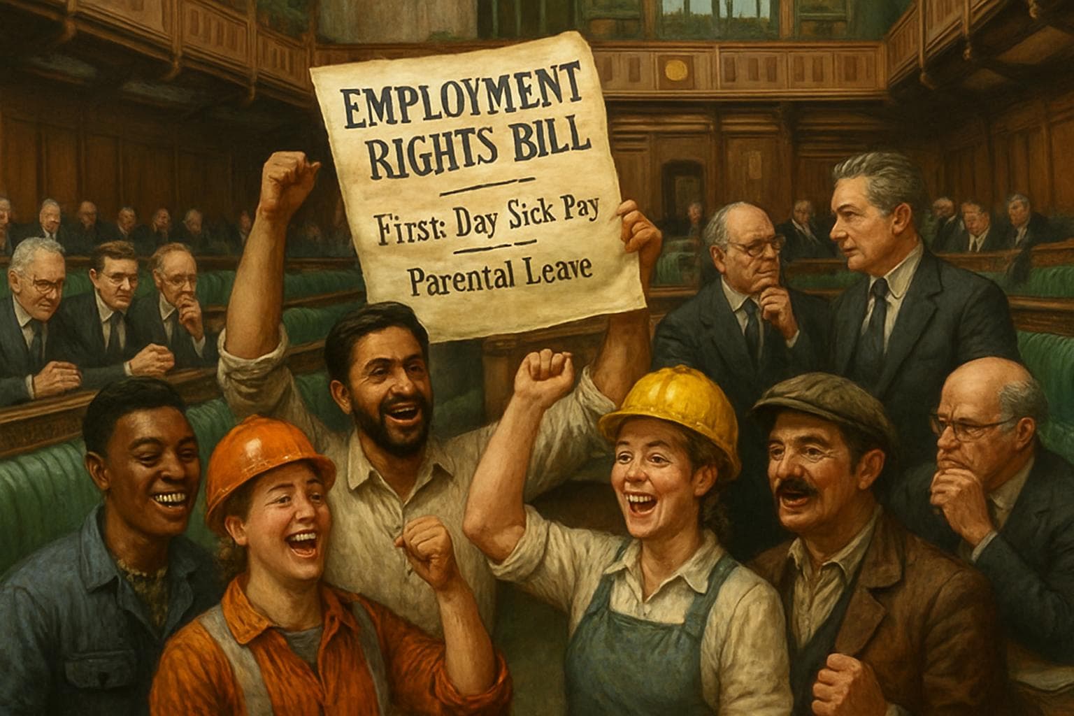 Diverse group celebrating UK Employment Rights Bill in parliament
