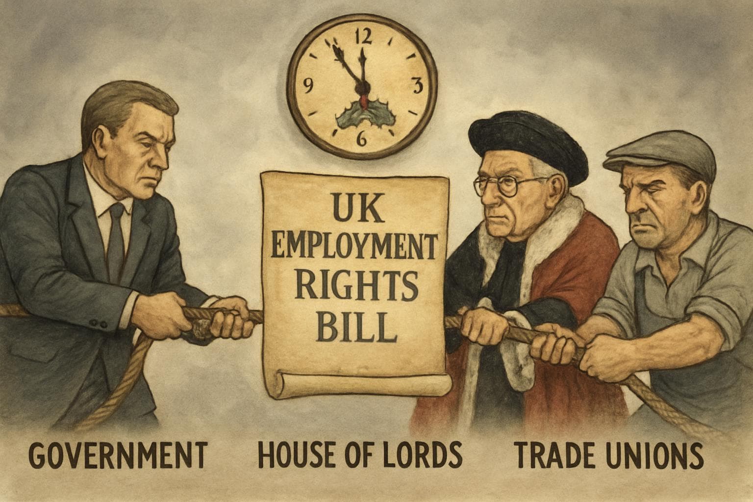 Tug-of-war scene with UK Employment Rights Bill and opposing figures