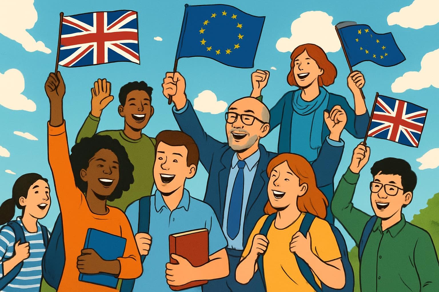 Students and educators celebrate with UK and EU flags.
