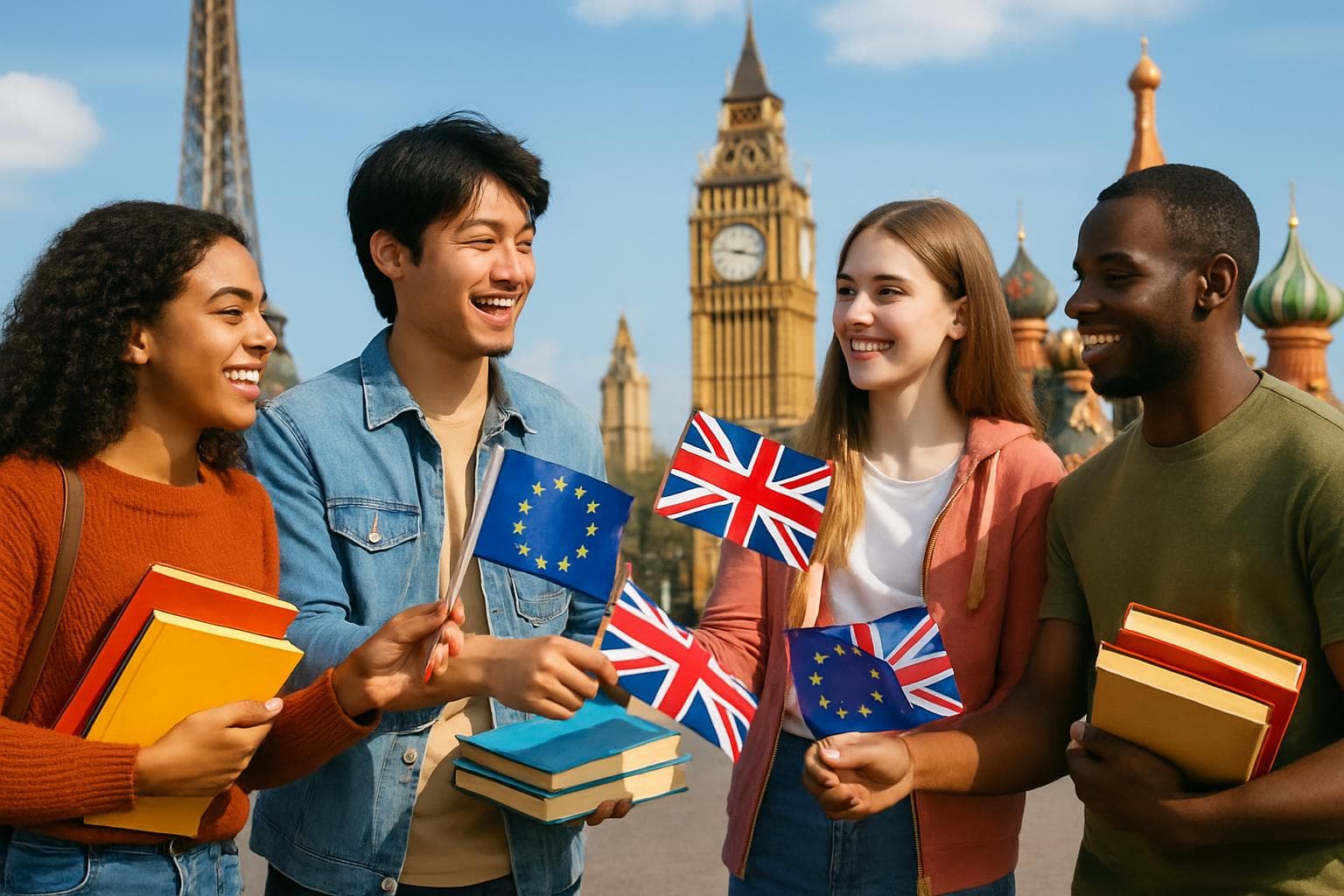 Diverse students exchanging flags and textbooks with European landmarks