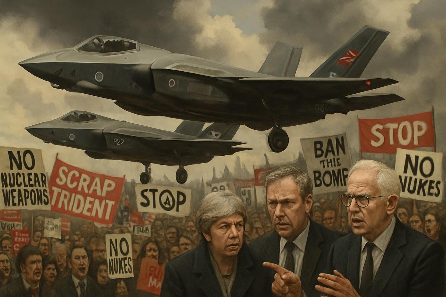 UK F-35A fighter jets flying over protests and banners