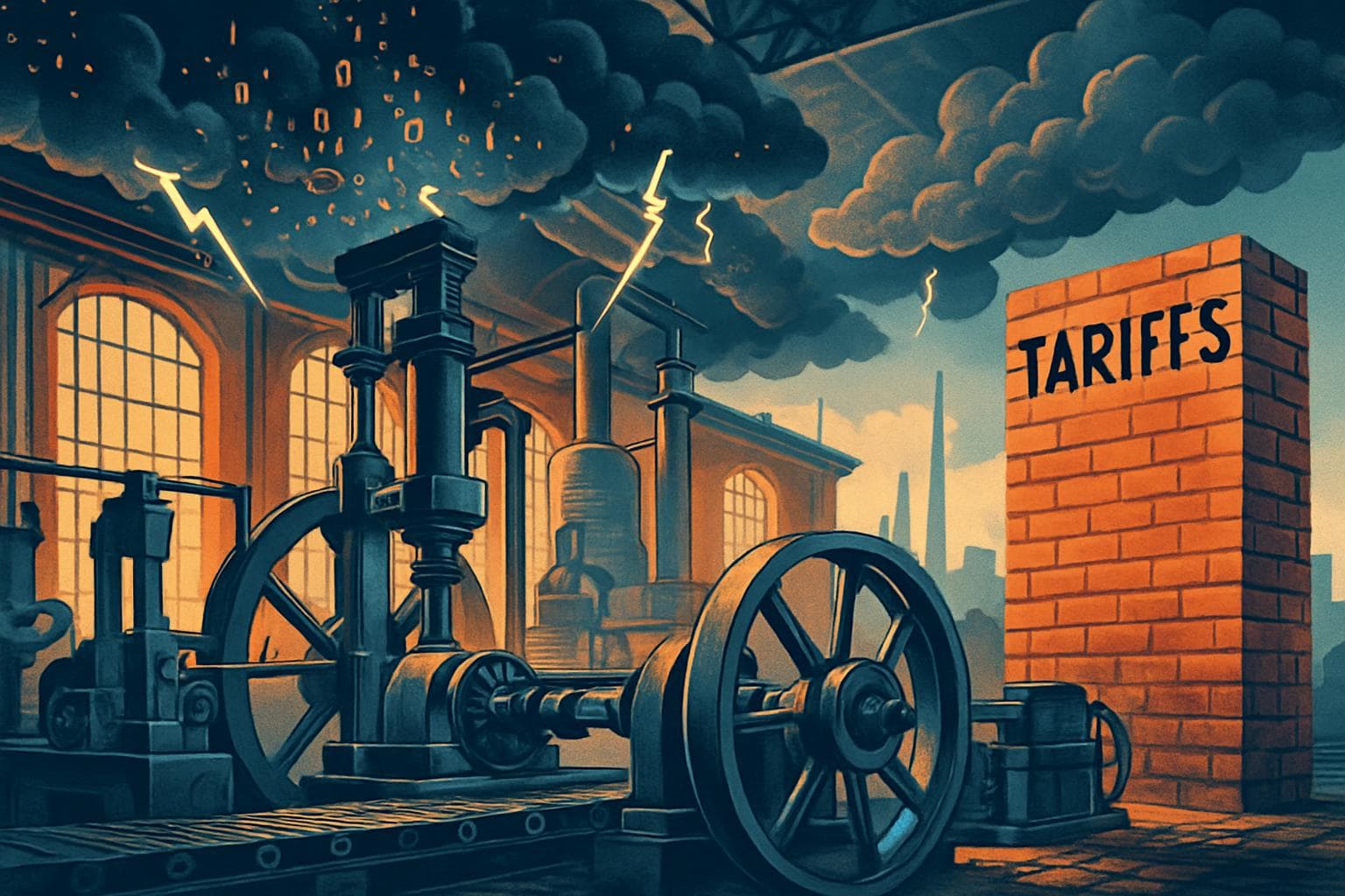 UK factory with machinery operating under digital storm clouds