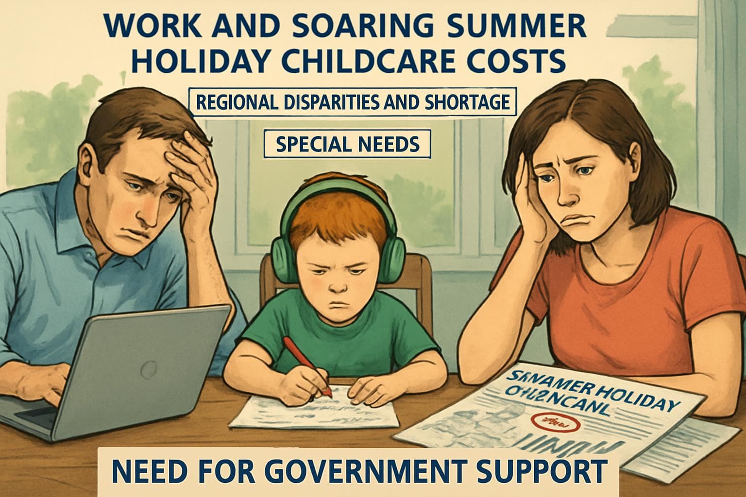 Stressed UK family balancing work and childcare costs