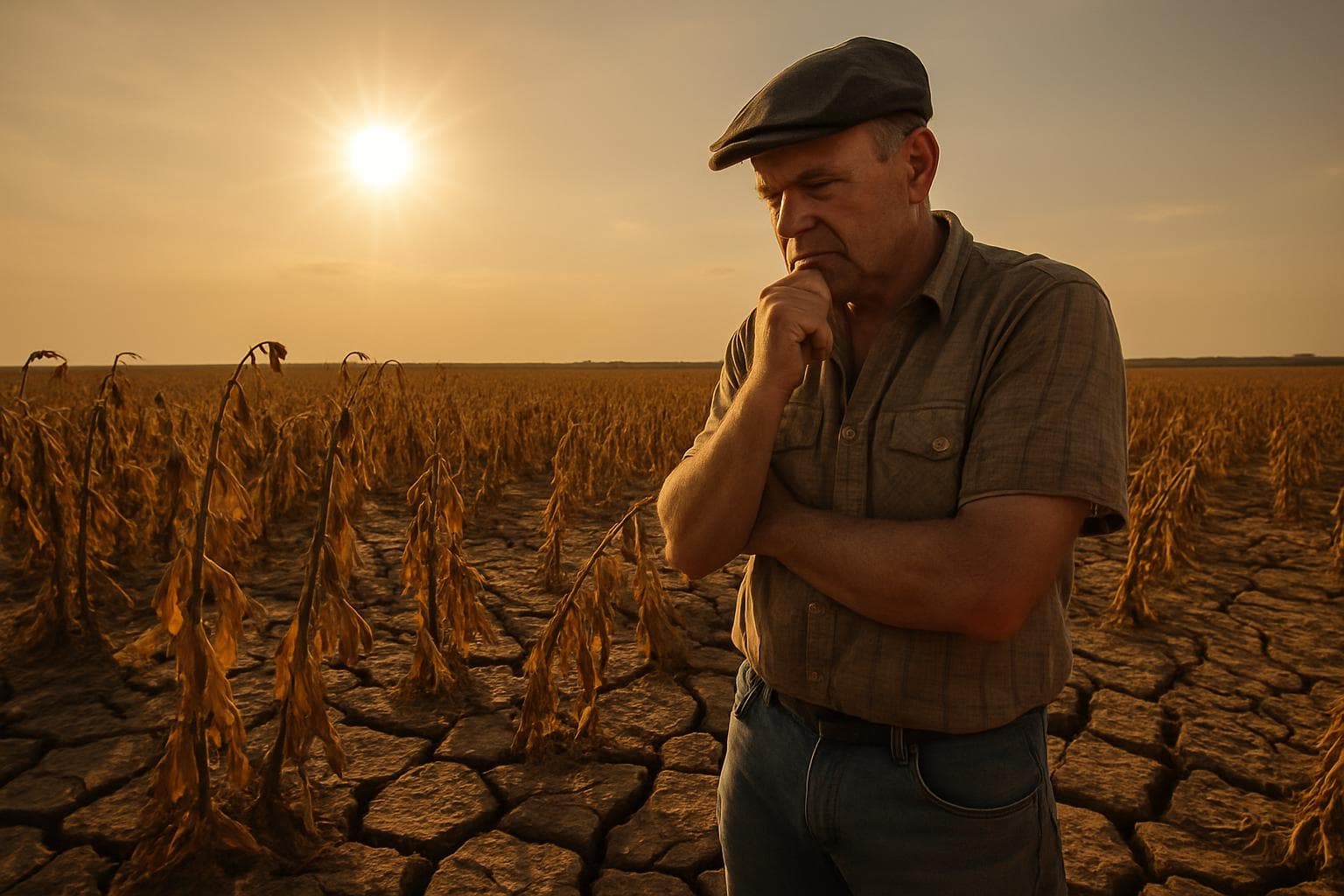 UK farmer in dry field with withered crops under hot sun