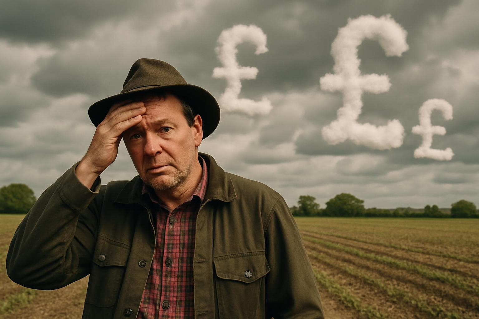 Worried UK farmer in field with pound sign clouds