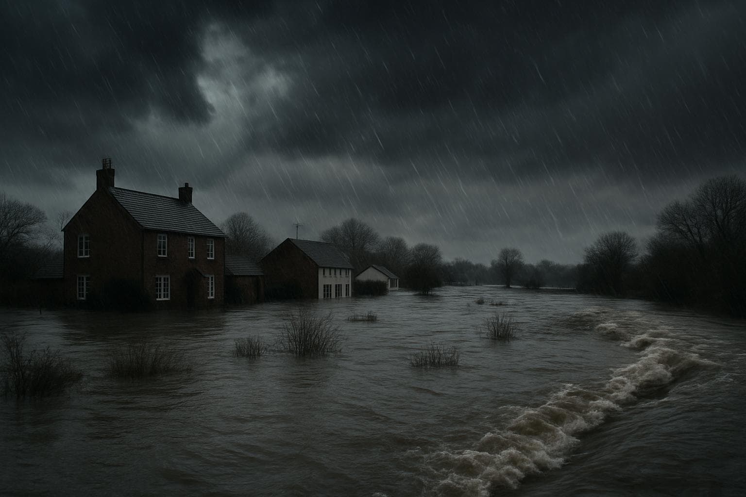 Flooded homes and overflowing rivers under a cloudy sky in the UK
