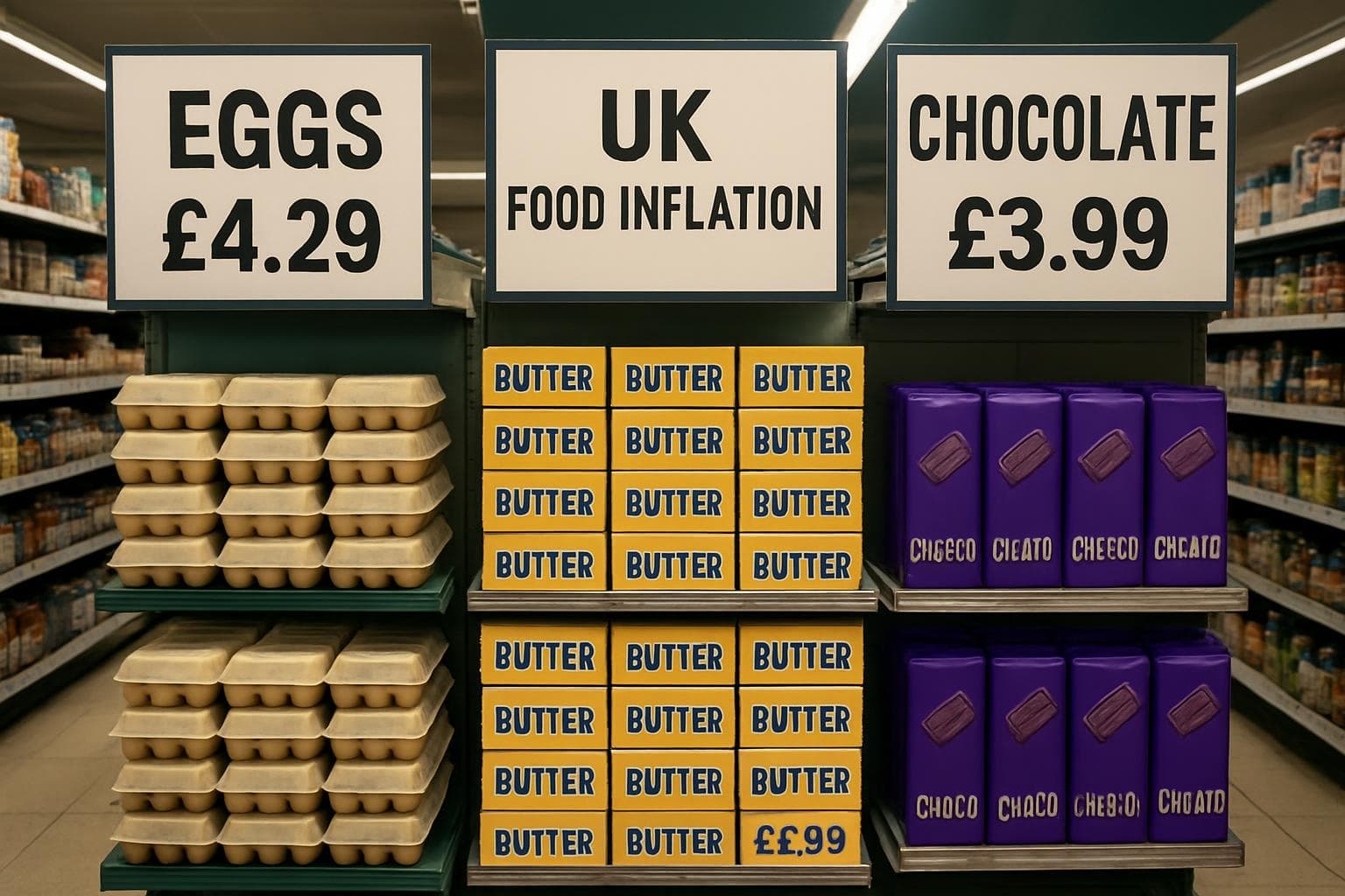 Grocery store aisle with high price tags on essential items