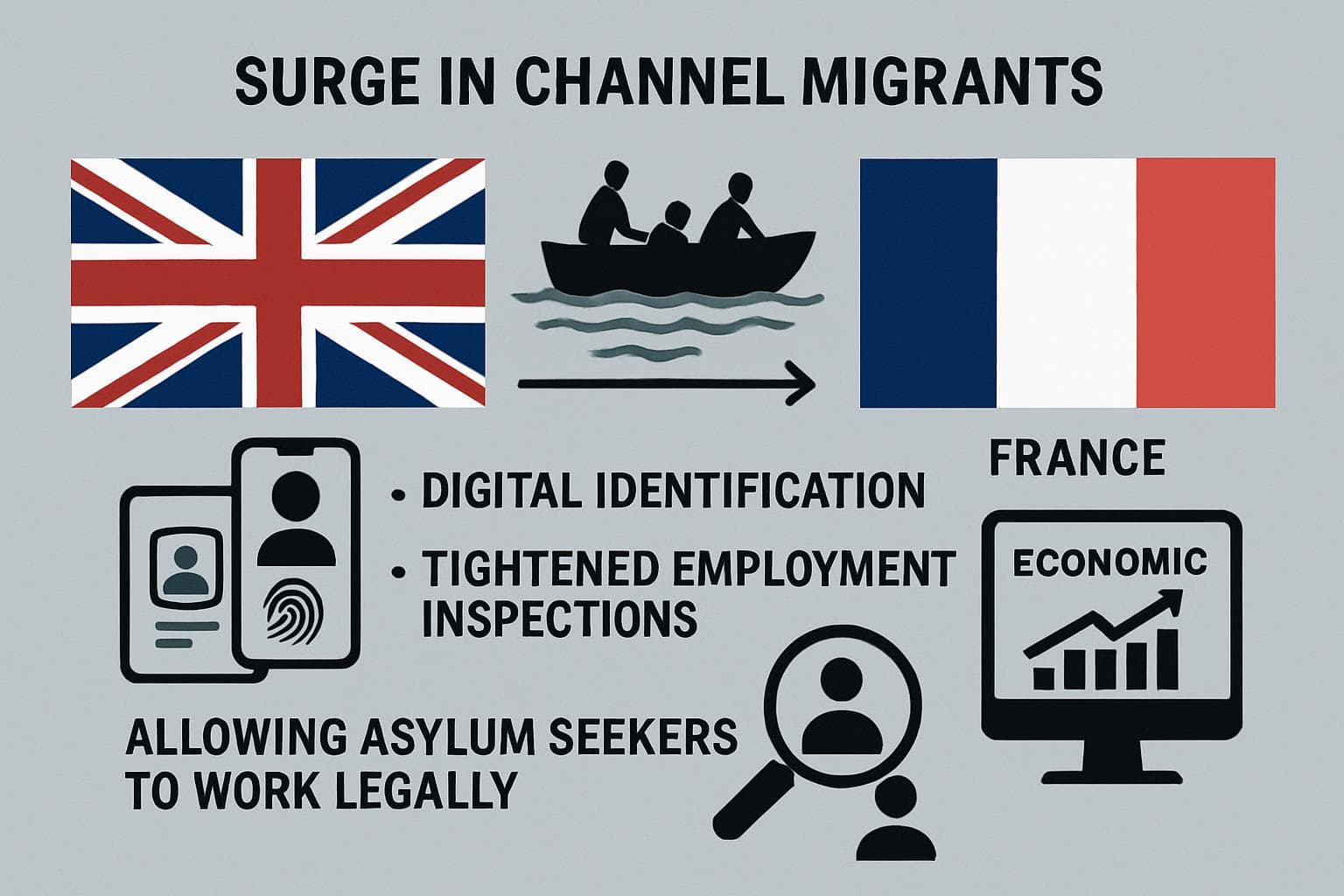 UK and France flags with migrant policy documents