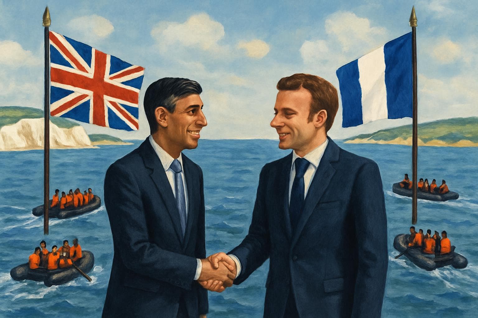 UK and French leaders shaking hands over the English Channel