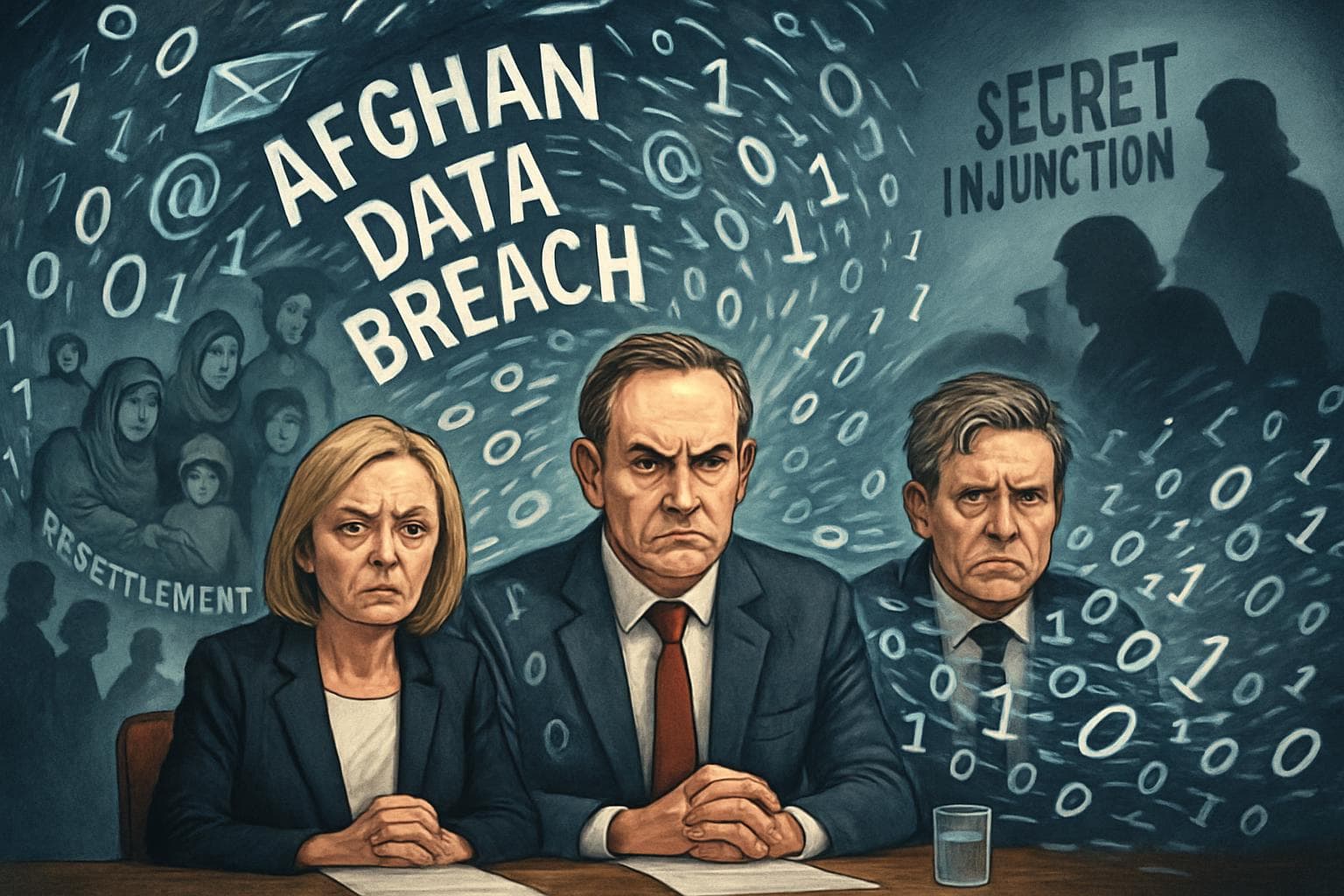 UK officials surrounded by data symbols and Afghan families