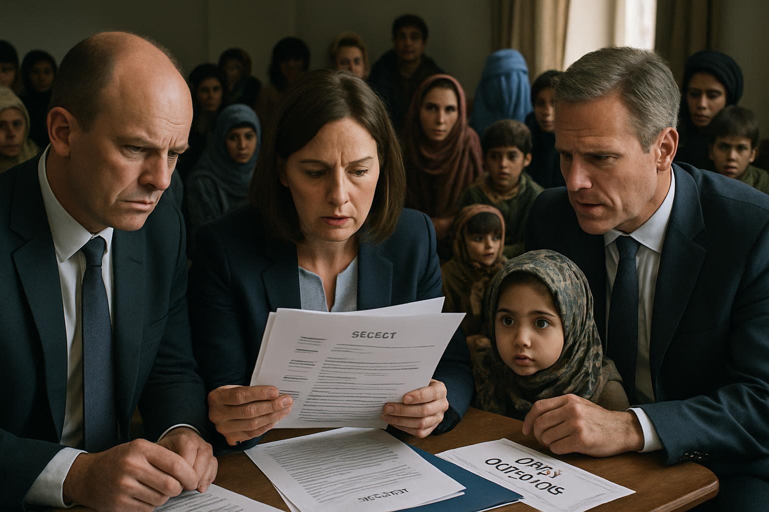 UK officials and Afghan families during relocation process