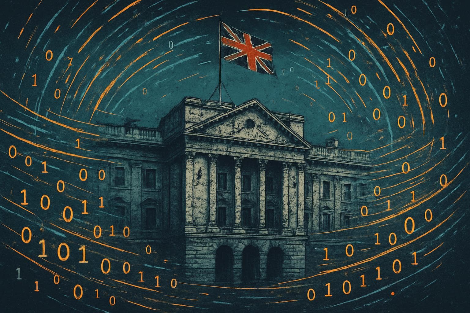 UK government building with swirling data and binary code