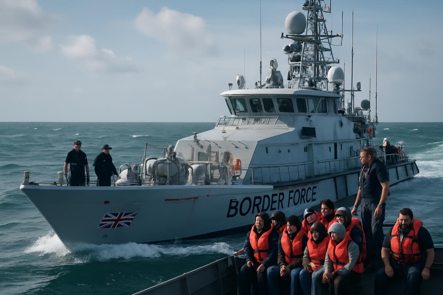 UK government ship patrolling the English Channel with officers and asylum seekers