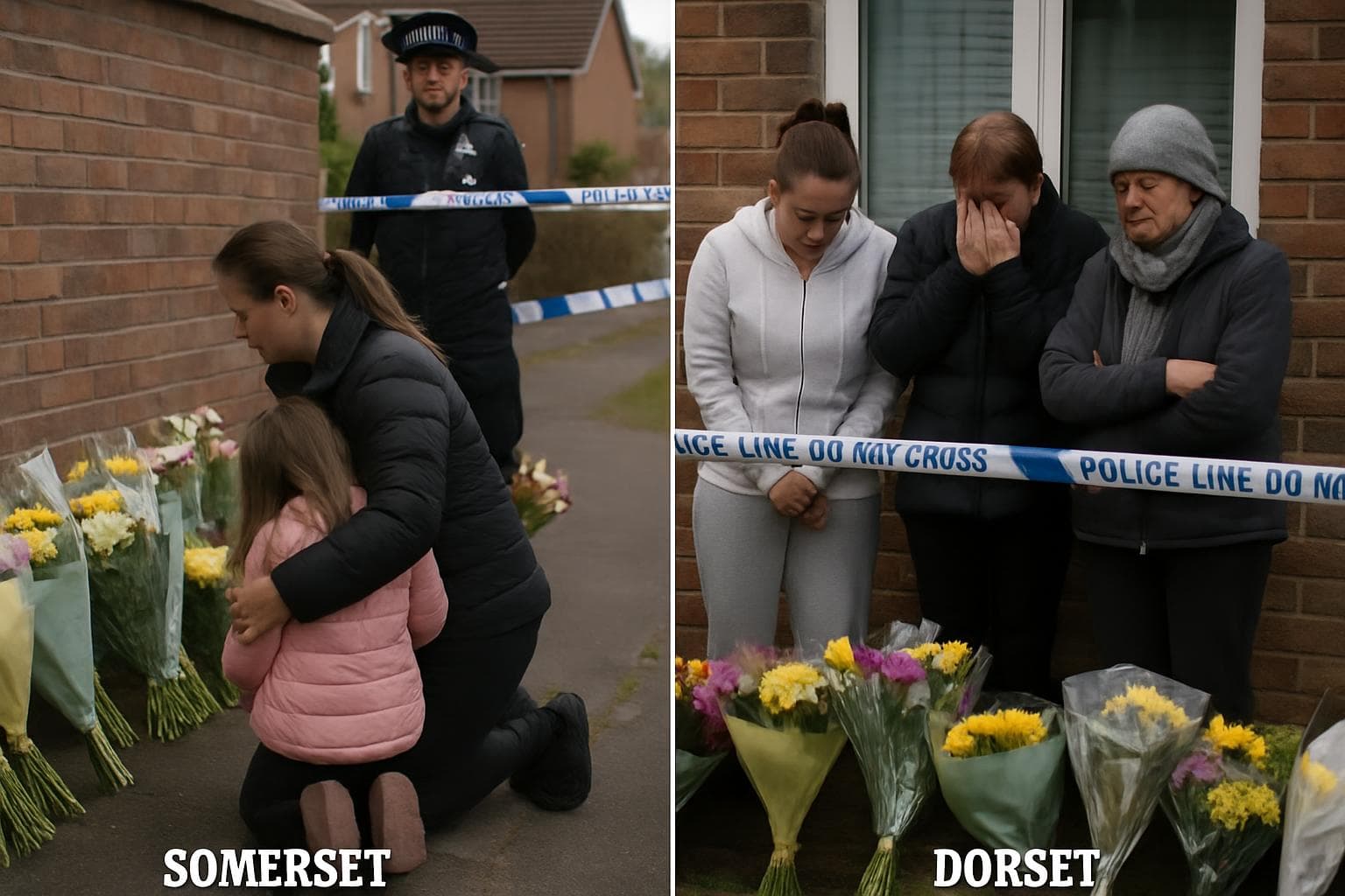 Floral tributes and mourners in UK towns Somerset and Dorset